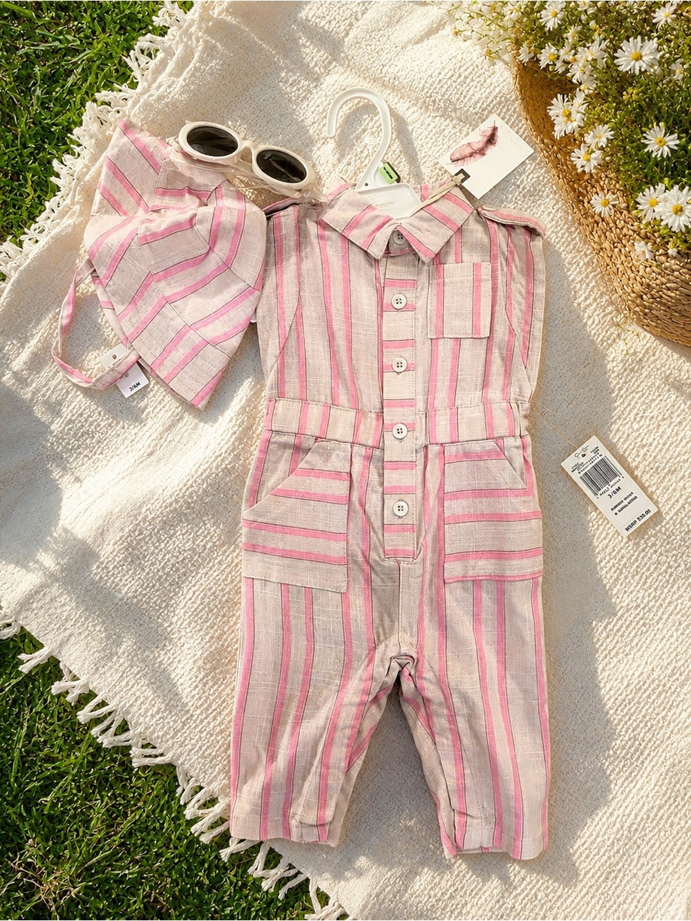 Jessica Simpson Baby Girl Romper Set w/ Hat & Sunglasses NWT 3-6M Pink Stripes